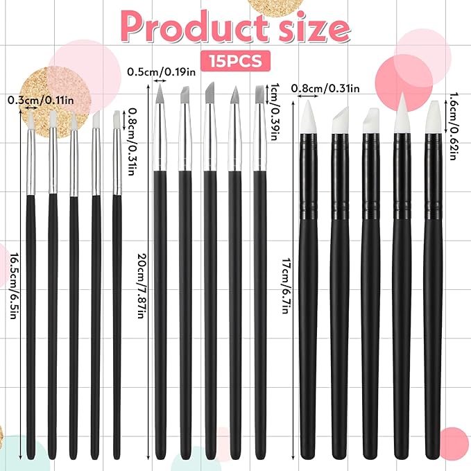 Silicone Brush, 15 Pcs Head Silicone Paint Brush Rubber Paint Pens Flexible Clay Carving Tools for Sculpting Handicraft Pottery Handicraft Nail Art Artwork Acrylic Paints, 5 Shapes (Black)