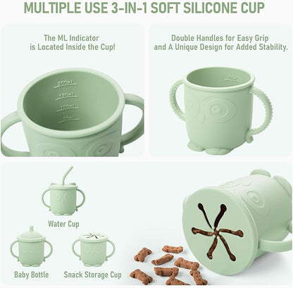 Baby Weaning Set, Silicone Baby Feeding Set(10 Pcs), Toddler Weaning Set with Adjustable Bib, Suction Bowl, Plate, Fork, Spoon, Water & Snack Cup Kit, Baby Led Weaning Kit for Babies and Kids