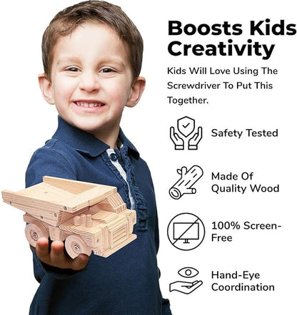 Kraftic Woodworking Building Kit for Kids and Adults, with 3 Educational DIY Carpentry Construction Wood Model Kit Toy Projects for Boys and Girls - Tow Truck, Birdhouse and Dump Truck