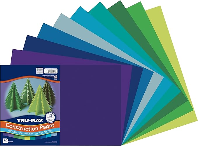 Tru-Ray Heavyweight Construction Paper, Cool Assorted Colors, 12" x 18", 50 Sheets (102943)