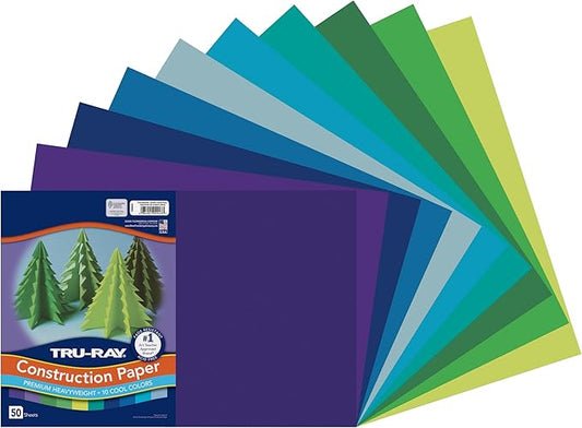 Tru-Ray Heavyweight Construction Paper, Cool Assorted Colors, 12" x 18", 50 Sheets (102943)