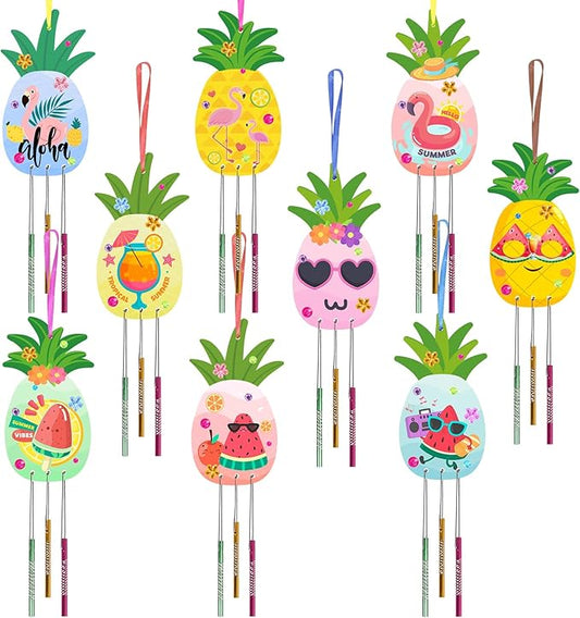 Fennoral 9 Pack Pineapple Wind Chime Kit for Kids Make Your Own Pineapple Wind Chime Wooden Arts and Crafts for Girls Boys DIY Coloring Pineapple for Hawaii Summer Art Activity Birthday Party