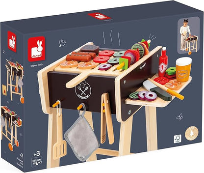 Janod - J06619 Wooden Barbecue - Imitation Kitchen and Dinette Toy for Children - 57 Accessories Included - 2 Silent Wheels - Ages 3 and Above