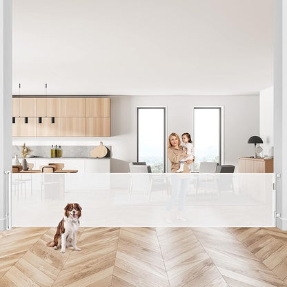 145 Inch Retractable Baby Gates Extra Wide Dog Gate for Extra Wide Openings Retractable Dog Gate Indoor Outdoor Retractable Gate Mesh Baby Gate Extra Long Baby Gate for Stairs, Doorways, White