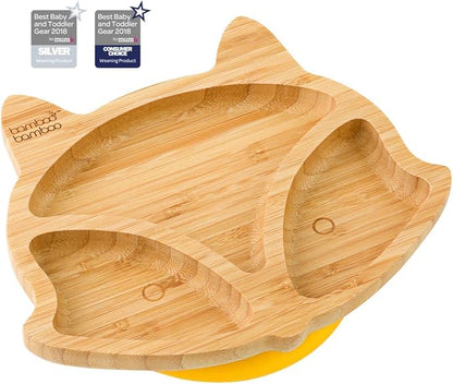 Bamboo Baby Plate with Suction - Kids and Toddler Suction Cup Plate for Babies, Non-toxic All-Natural Bamboo Baby Food Plate Stays Cool to the Touch for Baby-Led Weaning (Fox-Yellow)