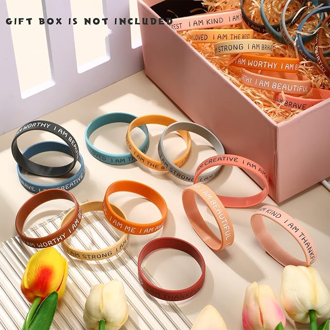 Sratte 48 Pcs Inspirational Silicone Wristbands Rubber Stretch Unisex Bracelets Student Gift Stocking Suffers for Class(Bright Color)