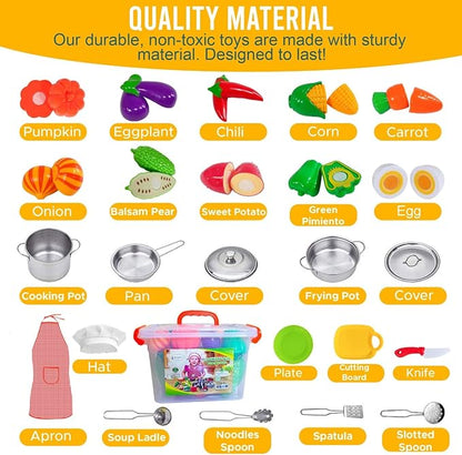 FUNERICA Toddler Kitchen Accessories Playset with Cutting Food Vegetables - Stainless-Steel Play Pots & Utensils - Apron & Chef Hat - Toy Knife & Cutting Board (Apron: Red. Checkerboard Design)