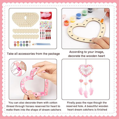Fennoral 6 Pack Heart Dream Catcher Craft Kit for Kids Paint You Own Love Heart Dream Catcher DIY Coloring Mother's Day Wooden Art and Craft for Art Activity Project Valentine's Day Decoration
