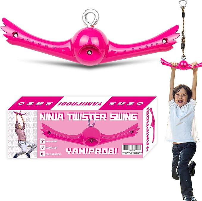 YAMIPROBI Ninja-Twister Swing Spins Set: Slackline Attachments - 360° Handle Twist-Spin Flips Toy Activate Ninja Powers - Ninja Warrior Accessories - Kids Ninja Hang Toys for Playground Backyard,Pink