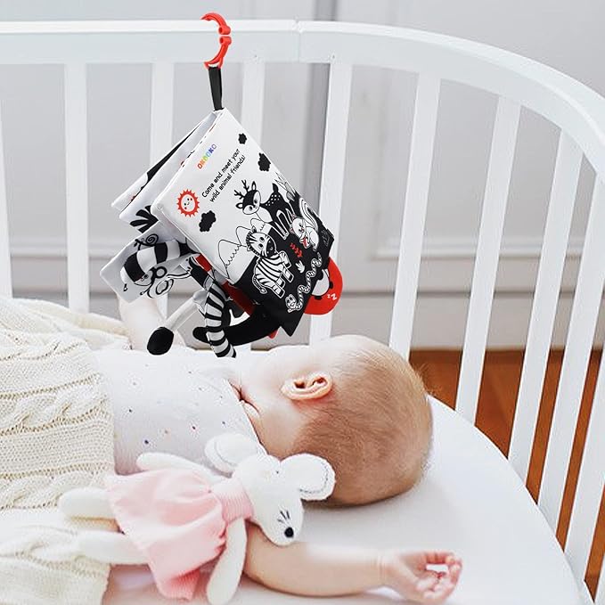 OKOOKO Soft Baby Book Black and White High Contrast Animals Tails Book Bath Book Montessori Sensory Stroller Toy Non-Toxic Crinkle Washable Early Education for Baby Infant Toddler