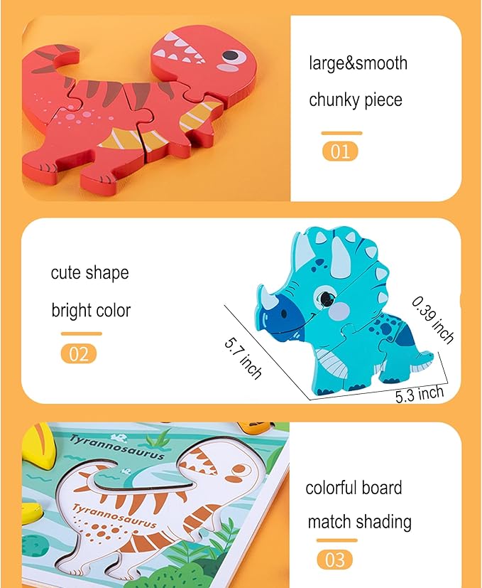 Wooden Jumbo Base Dinosaur Puzzle1-3, Dinosaurs Toys for 2 3 Years Old Boy Girls,Toddler Toys Ages 2-4,Dino Gifts for Boys