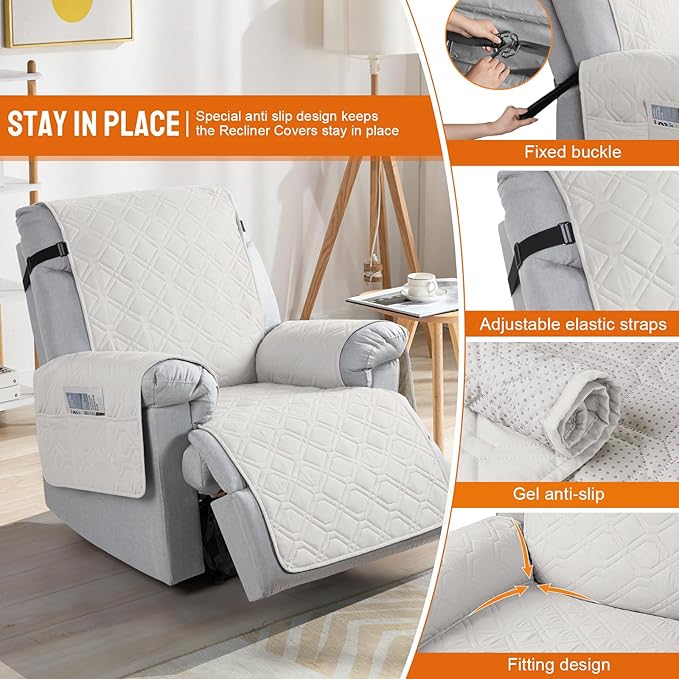 VANSOFY 100% Waterproof Recliner Chair Covers, Recliner Cover Non-Slip Dog Chair Cover Furniture Protector Washable Slipcover with Pocket, Elastic Straps for Pets, Dogs(Off White, 30")