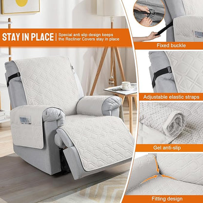 VANSOFY 100% Waterproof Recliner Chair Covers, Recliner Cover Non-Slip Dog Chair Cover Furniture Protector Washable Slipcover with Pocket, Elastic Straps for Pets, Dogs(Off White, 30")