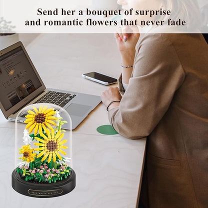 Sunflower Flower Bouquet Set,Mini Bricks Botanical Collection Flowers Building Blocks,Assembly Bonsai Tree Friends Sets, Valentine's Anniversaries Birthday Gift for Women Friends Adults