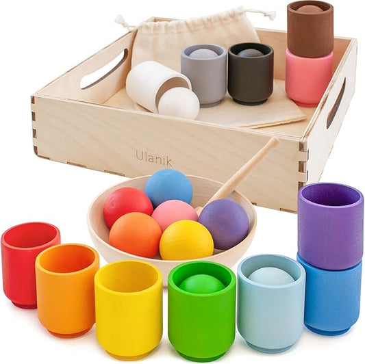 Ulanik Balls in Cups Toddler Montessori Toys for 1 Year Old + Kids Preschool Wooden Matching Games for Learning Color Sorting and Counting