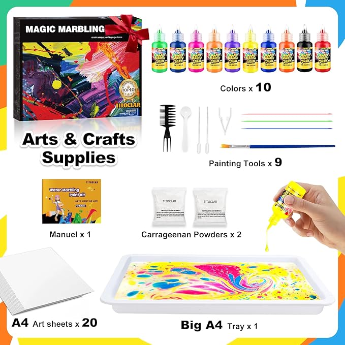 Water Marbling Paint Kit,Easter Basket Stuffers,Arts and Crafts for Kids,Birthday Gifts for Girls Boys 3+Years Old, Toys for Ages 8-13 5-7 3-6, Art Supplies for Kids