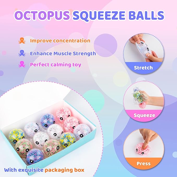 24 Pack Octopus Stress Balls Set for Kids Adults, Cute Squishy Squeeze Fidget Toys for Anxiety Stress Relief, Perfect Party Favors Easter Basket Stuffers Birthday Gifts Classroom Prizes