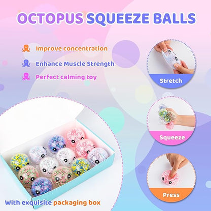 24 Pack Octopus Stress Balls Set for Kids Adults, Cute Squishy Squeeze Fidget Toys for Anxiety Stress Relief, Perfect Party Favors Easter Basket Stuffers Birthday Gifts Classroom Prizes