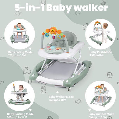Boyro Baby Baby Walker, 5-in-1 Baby Walkers for Boys and Girls 6-12 Months with Bouncer, Removable Footrest, Feeding Tray & Music, Foldable & Adjustable Activity Walker for 6-18 Months Toddler Infant