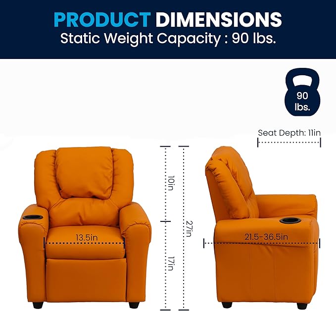 Flash Furniture Vana Vinyl Kids Recliner with Cup Holder, Headrest, and Safety Recline, Contemporary Reclining Chair for Kids, Supports up to 90 lbs., Orange