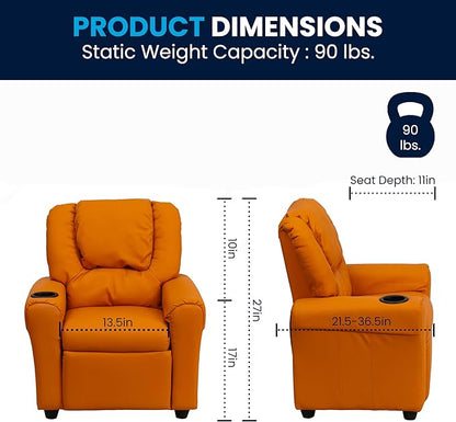 Flash Furniture Vana Vinyl Kids Recliner with Cup Holder, Headrest, and Safety Recline, Contemporary Reclining Chair for Kids, Supports up to 90 lbs., Orange