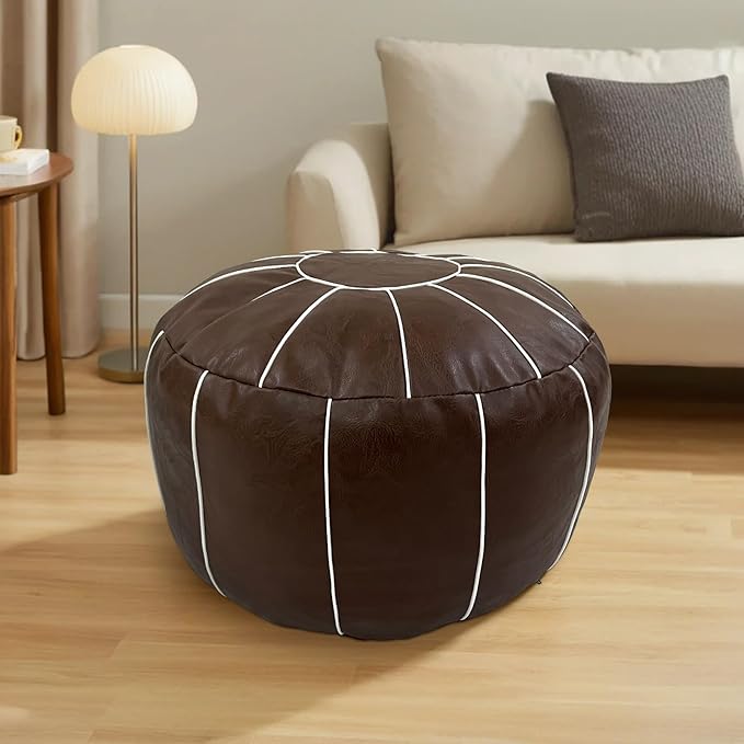 Louis Donné Unstuffed Pouf Ottoman Cover, Handmade Moroccan Foot Stool for Foot Rest, Round Faux Leather Small Bean Bag with Storage Solution, Floor Pouffe Footstool for Living Room, Bedroom Balcony