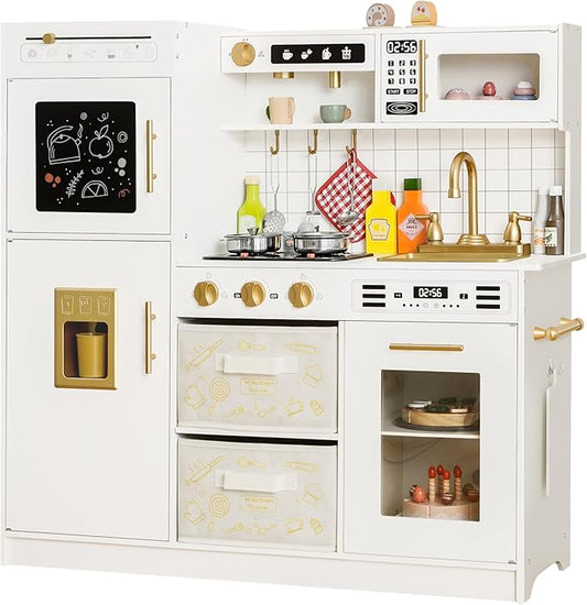 Play Kitchen Sets for Kids Ages 4-8 Pretend Wooden Kids Kitchen Playset Toy Kitchen with Real Sound& Light &Toy Storage System&12 Pcs Toddler Kitchen Accessories, for Boys and Girls,White Gold