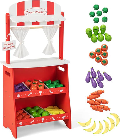 INFANS Grocery Store Marketplace Toy for Kids, Wooden Market Stand Pretend Play Set with 36 Cutting Vegetables Fruits Pieces, Role Food Shop Playset Gift for Boys Girls Ages 3+