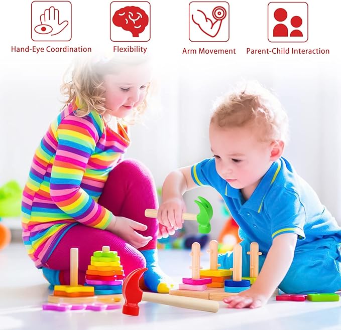 Fowecelt 3 Pack Wooden Hammer Toys Simulation Hammers Maintenance Tools Educational Toys for Kids Birthday Party Games Supplies