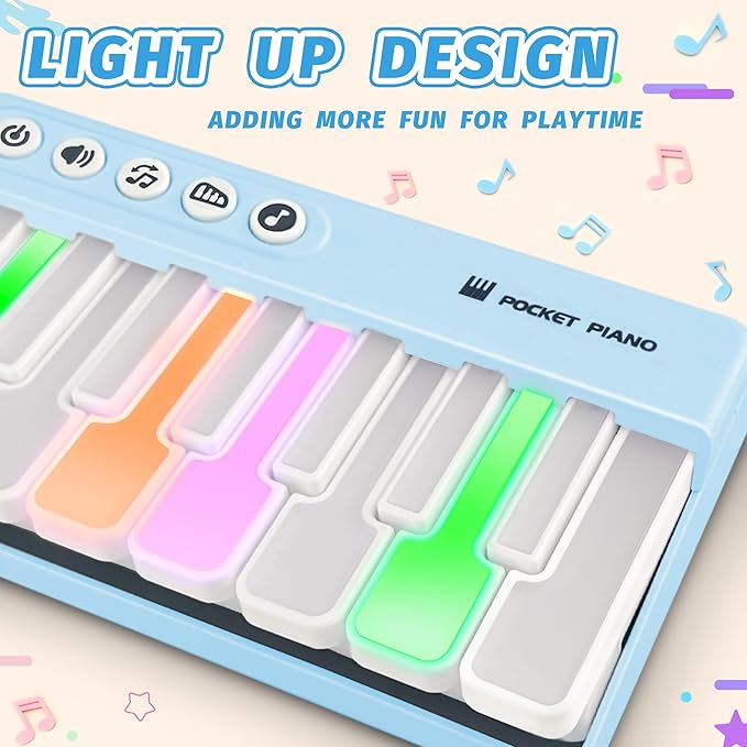 Mini Keyboard Piano Toy, Portable Light Up Pocket Piano for Toddlers Kids (Blue)