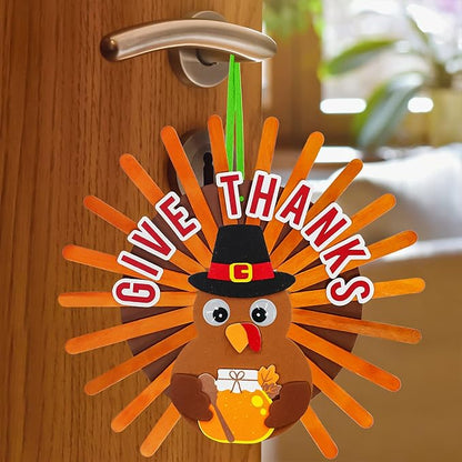 Winlyn 12 Sets Thanksgiving Wreath Signs Decorations Art Sets DIY Give Thanks Thanksgiving Craft Kits Fall Crafts Wood Craft Sticks Turkey Foam Stickers Googly Eyes for Kids Party Classroom Activities