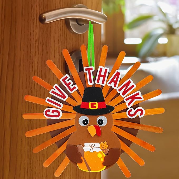 Winlyn 12 Sets Thanksgiving Wreath Signs Decorations Art Sets DIY Give Thanks Thanksgiving Craft Kits Fall Crafts Wood Craft Sticks Turkey Foam Stickers Googly Eyes for Kids Party Classroom Activities