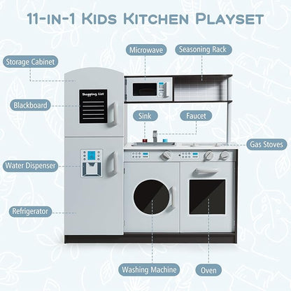 Costzon Kids Kitchen Playset, Wooden Pretend Play Toy Set with Realistic Sound, Microwave, Oven, Washing Machine, Refrigerator, Sink, Play Kitchen for Toddlers, Gift for Boys Girls Age 3+