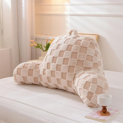 Aimuan Reading Pillow Checkered Bed Rest Wedge Backrest Checkerboard Pillow with Arms Back Support for Sitting Up in Bed Cushion Incline Rest Sleeping Snoring Pillow (Beige,Standard)