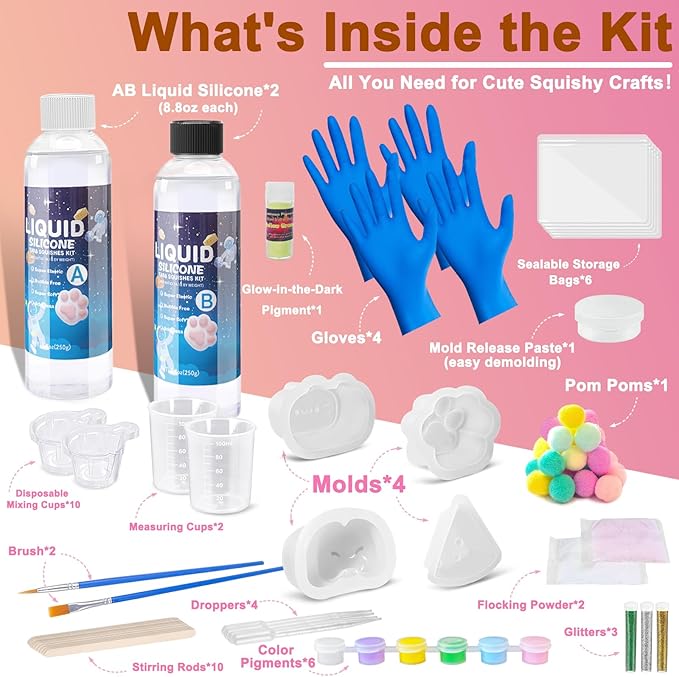 Taba Squishy Kit – 18oz 1:1 AB Liquid Silicone DIY Set with Paw, Cat, Cheese & Hamster Molds, Flocking Powder, Mixing Tools, Bubble-Free Texture – Make Your Own Squishies for Stress Relief & Fun