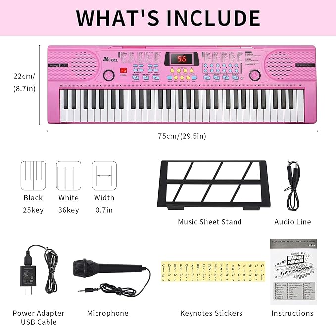 Kids Keyboard 61 Keys, Beginner Electronic Piano with One-Key Teaching 100 Tones & Rhythms, Portable Music Keyboard for Children with Microphone, Music Stand [Pink, Piano Only]