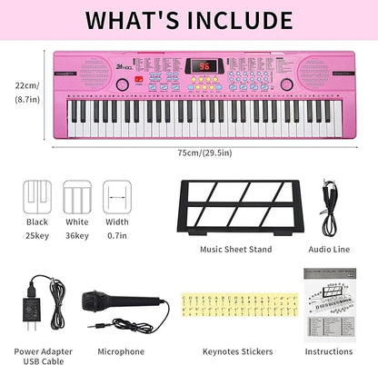 Kids Keyboard 61 Keys, Beginner Electronic Piano with One-Key Teaching 100 Tones & Rhythms, Portable Music Keyboard for Children with Microphone, Music Stand [Pink, Piano Only]
