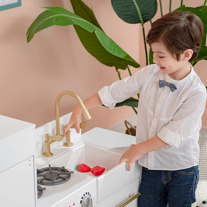 Teamson Kids Little Chef Charlotte Modern Modular Interactive Wooden Play Kitchen with Refrigerator, Stove and Sink in White with Gold Finishes