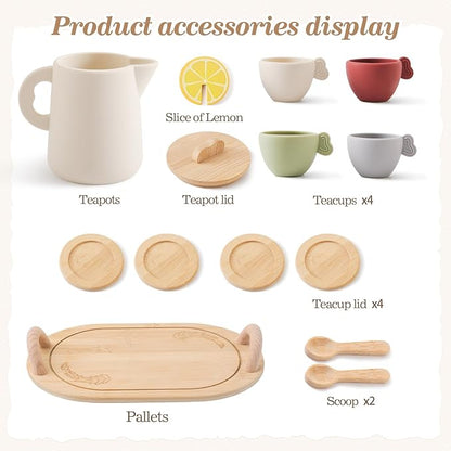 Tea Party Set for Kids, Wooden Tea Set for Little Girls and Boys, Kids Play Kitchen Accessories Toy Dishwasher Safe Tea Set for Toddler, Pretend Play Toddler Tea Set Ideal Christmas Birthday Gift