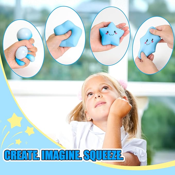Star Squishy Toys for Kids and Adults, Smile Star Squishies Stress Balls for Stress Relief, Squeeze Toys, Sensory Fidget Toys for Classroom and School Gift , Cute Stretchy Dough Squishy Ball (Blue)
