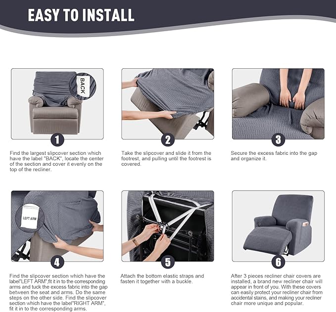 KinCam Recliner Covers, Stretch Reclining Chair Covers, Recliner Sofa Slipcovers Stripe Jacquard Recliner Couch Covers Furniture Protector Covers for Pet Kid (1 Seater, Dark Gray)