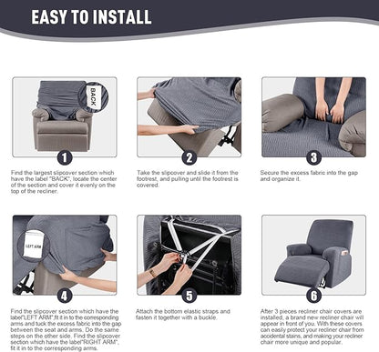 KinCam Recliner Covers, Stretch Reclining Chair Covers, Recliner Sofa Slipcovers Stripe Jacquard Recliner Couch Covers Furniture Protector Covers for Pet Kid (1 Seater, Dark Gray)