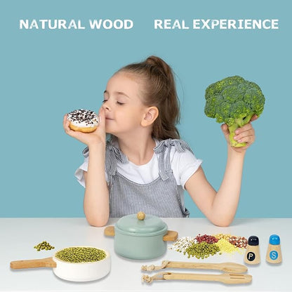 Premium Toddler Play Kitchen Toys, Wooden Kitchen Utensils, Accessories for Pretend Play Kitchen Set, Montessori Learning Toy, Pretend Cooking Playset, Gift for 3+