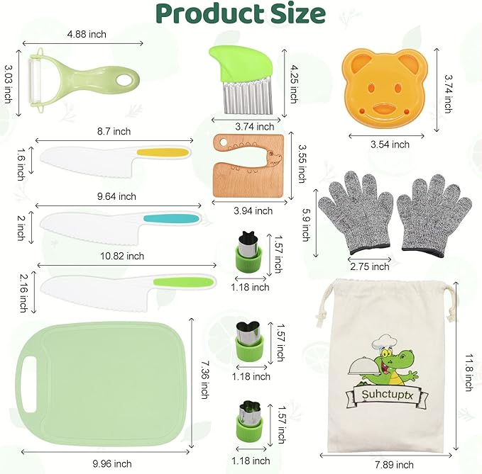 Suhctuptx 14 Pieces Wooden Kids Kitchen Knife Set with Gloves Cutting Board Fruit Vegetable Crinkle Cutters Serrated Edges Plastic Toddler Knifes for Real Cooking Kid Safe Knives - Crocodile