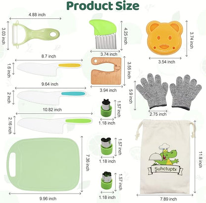 Suhctuptx 14 Pieces Wooden Kids Kitchen Knife Set with Gloves Cutting Board Fruit Vegetable Crinkle Cutters Serrated Edges Plastic Toddler Knifes for Real Cooking Kid Safe Knives - Crocodile