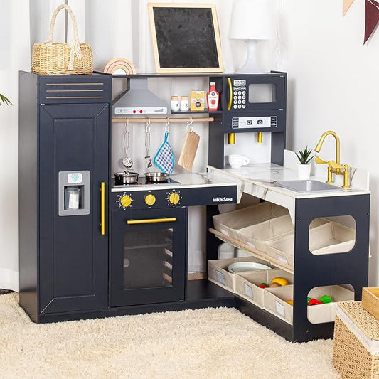 Corner Play Kitchen for Kids Kitchen Playset with Toy Storage System, Wooden Toy Kitchen Set with Plenty of Play Features, Toddler Kitchen Set for Boys and Girls Ages 3+ (Dark Blue)