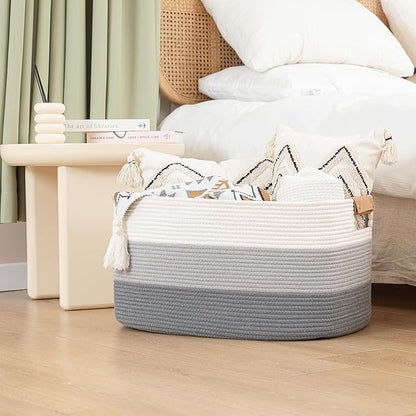 danpinera Large Woven Basket 25’’*16’’*16’’ 108L Woven Baskets for storage Baby Laundry Hamper, Cotton Rope Boho Decorative Storage Bin for Living Room, Nursery, Clothes, Pillows Gradient Grey