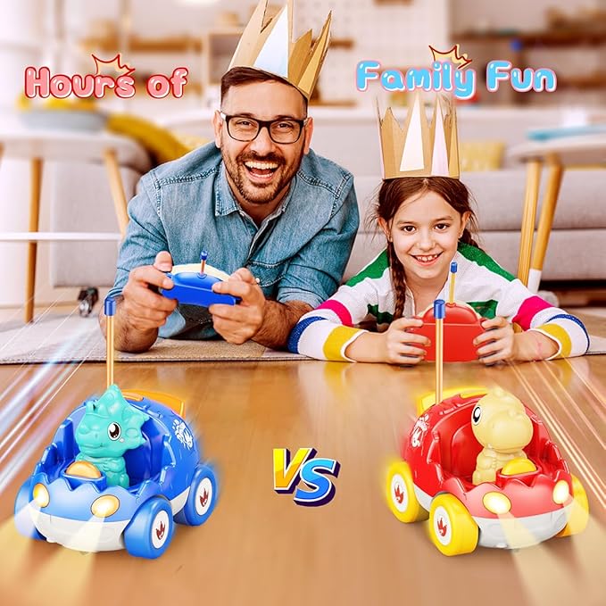 2 Pack Dinosaur Remote Control Cars Toys for Kids 2 3 4 5 Years Old, Easter Present Birthday Gifts for Boys and Girls Ages 2-5, Dino Race Car Toddlers Toys with Music and Light(Red Blue)