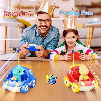 2 Pack Dinosaur Remote Control Cars Toys for Kids 2 3 4 5 Years Old, Easter Present Birthday Gifts for Boys and Girls Ages 2-5, Dino Race Car Toddlers Toys with Music and Light(Red Blue)