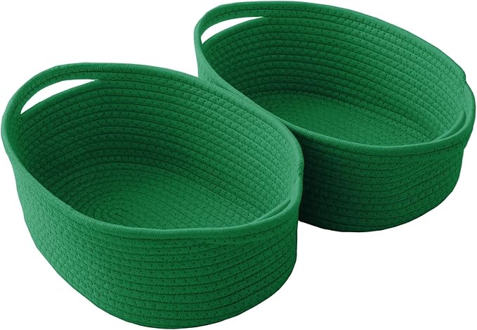 JMvicyroam Woven Basket,Small Rope Storage Bin with Handles & Ribbon Bag, Organizer for Shelves Closets,Gift Basket Empty for Birthday,Books,Dog Toys, Green/2 Pack